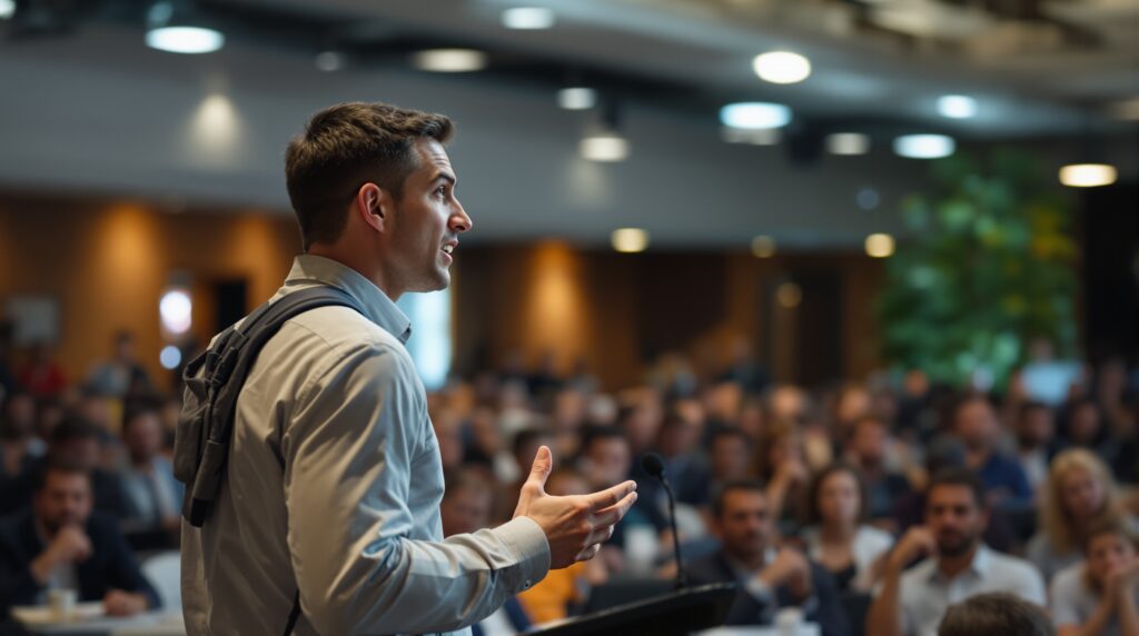 Man presenting to an audience in a conference setting, emphasizing the importance of problem-driven dissertation topics for graduate students.