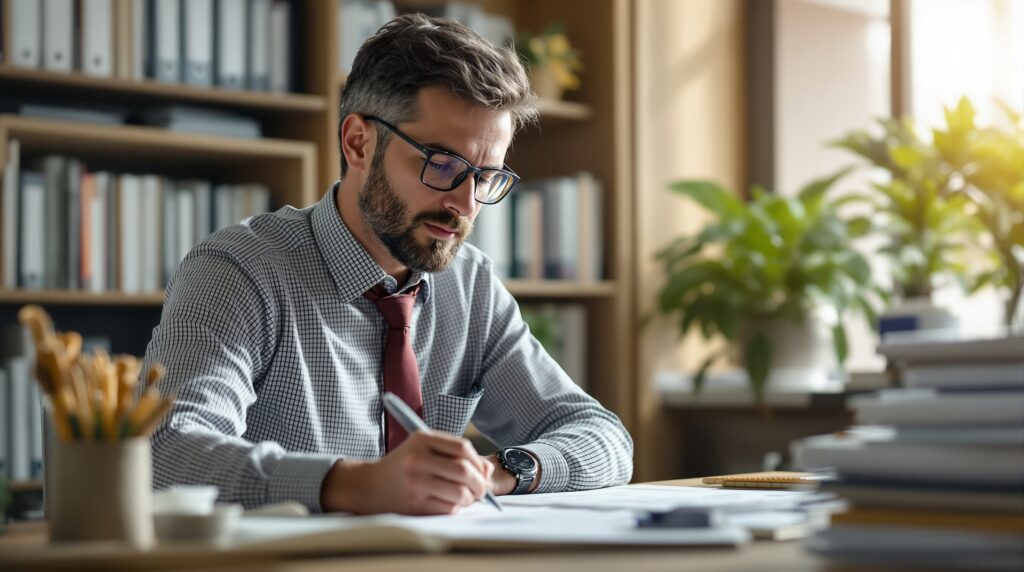 Man writing notes at a desk in a study, surrounded by books and plants, illustrating focused dissertation preparation and study environment.