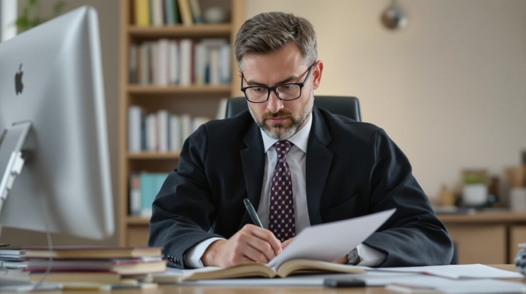Man in business attire writing notes while preparing for a dissertation defense, with a computer and books in a well-organized office setting.