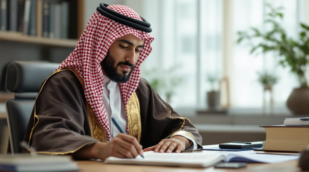 Man in traditional attire writing in a notebook at a desk, focusing on dissertation work, reflecting international academic traditions and diverse research methods.