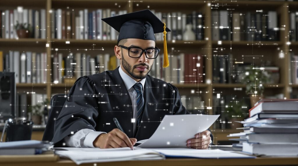 Graduate student in cap and gown studying dissertation analysis, surrounded by books and papers, focused on understanding research methods and results.