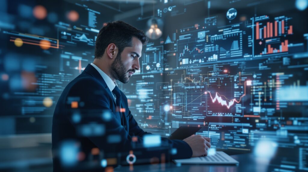 Professional analyzing data on a laptop, surrounded by digital graphs and statistics, representing dissertation research and analysis support.