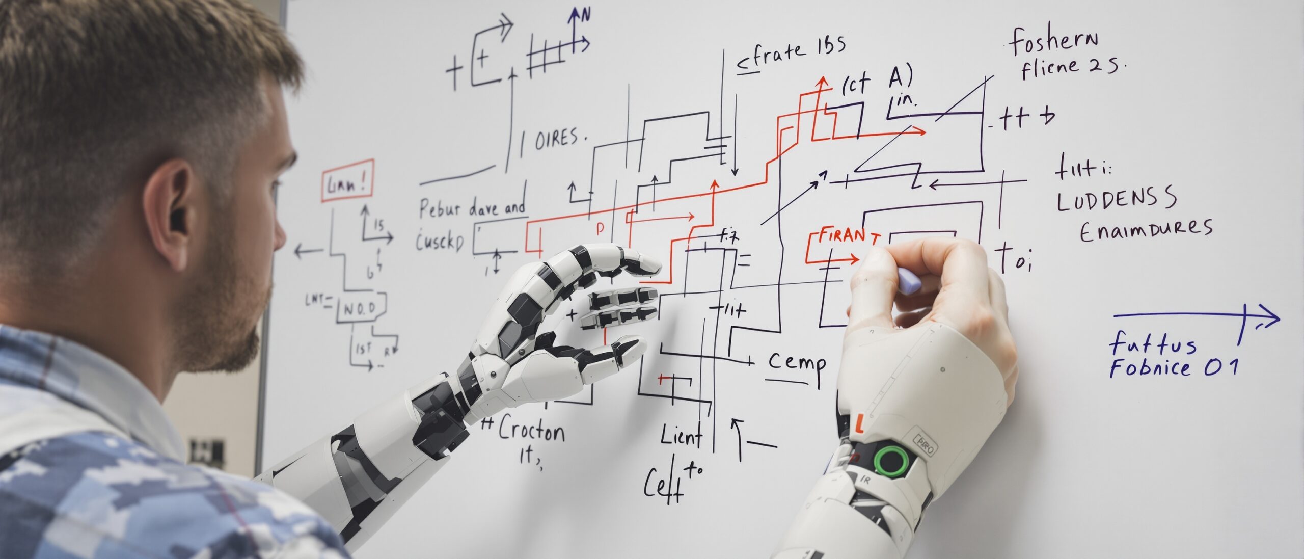 Person using a robotic arm to write complex diagrams and equations on a whiteboard, illustrating the intellectual effort required in dissertation research and the limitations of AI in scholarly justification.