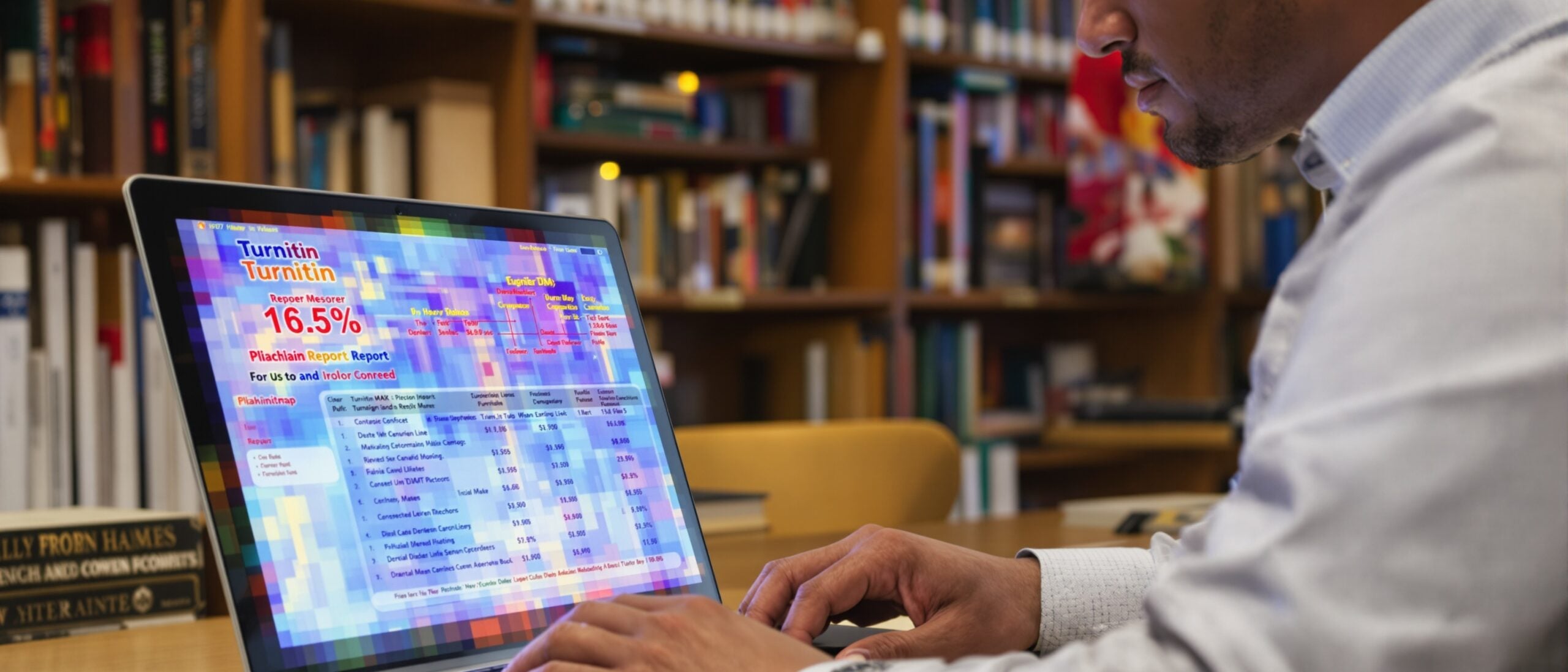Student analyzing Turnitin plagiarism report on laptop in library, focusing on academic integrity and ethical AI use in dissertation writing.