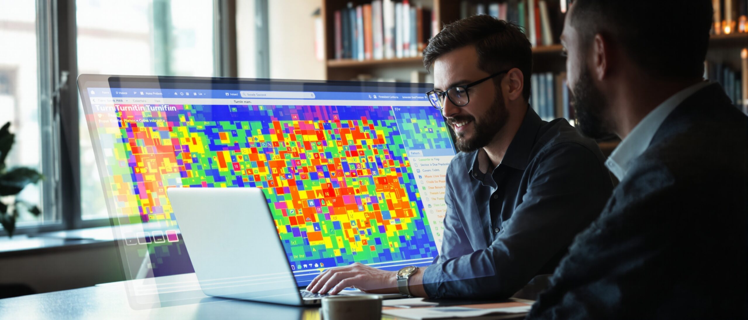 Man using a laptop to analyze colorful data visualization, discussing dissertation feedback and academic logic with another person in a study environment.