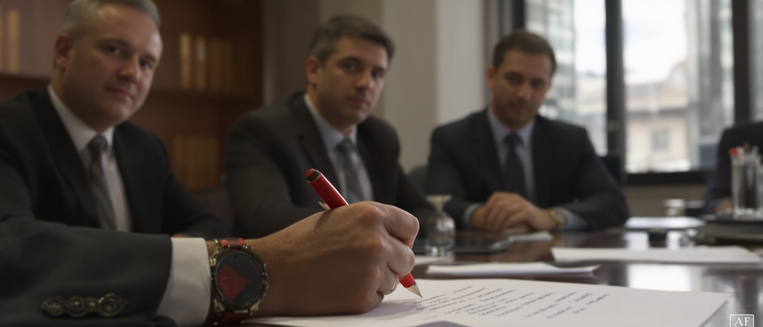 Group of professionals in suits at a meeting, one man writing notes with a red pen on a document, discussing academic integrity and AI use in dissertation writing.