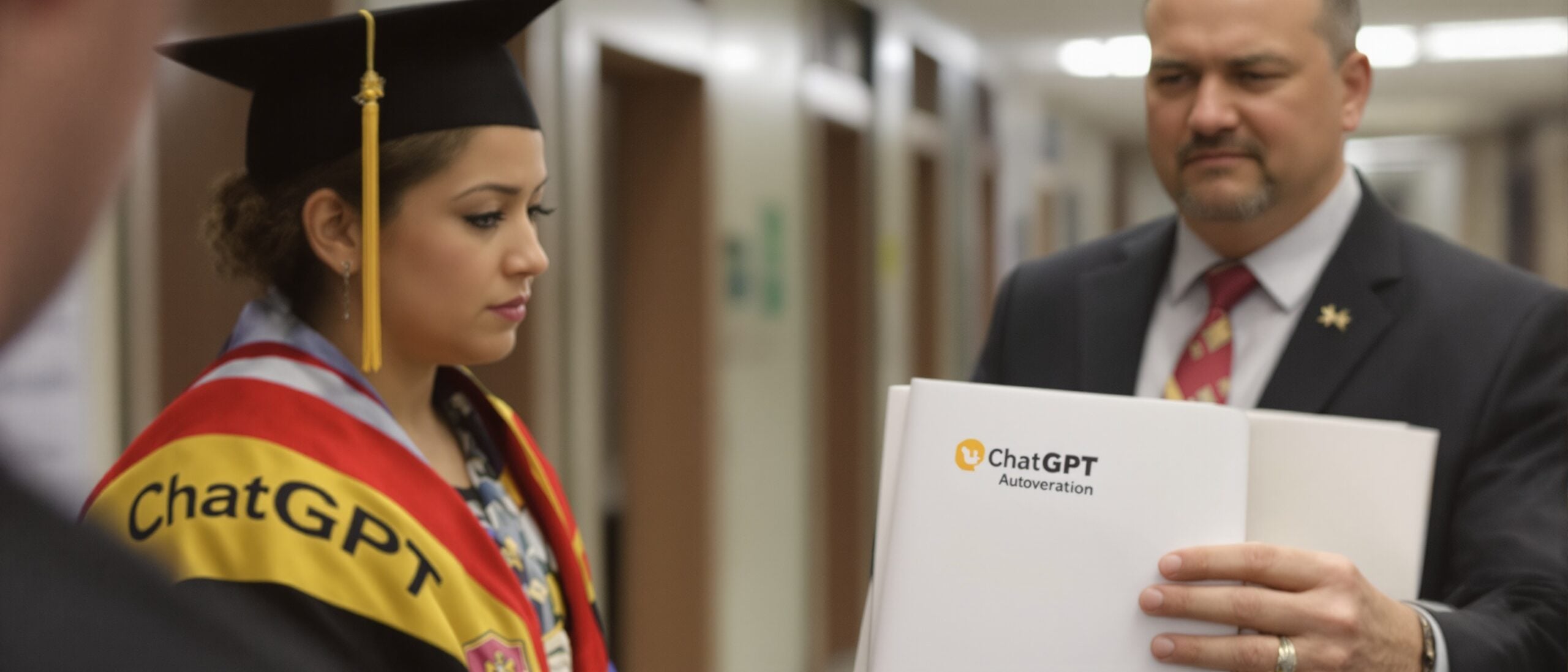 Graduating student in cap and gown, concerned expression, receiving document labeled "ChatGPT Autoveration" from a man in a suit, hallway setting, highlighting academic integrity and AI usage in dissertation writing.