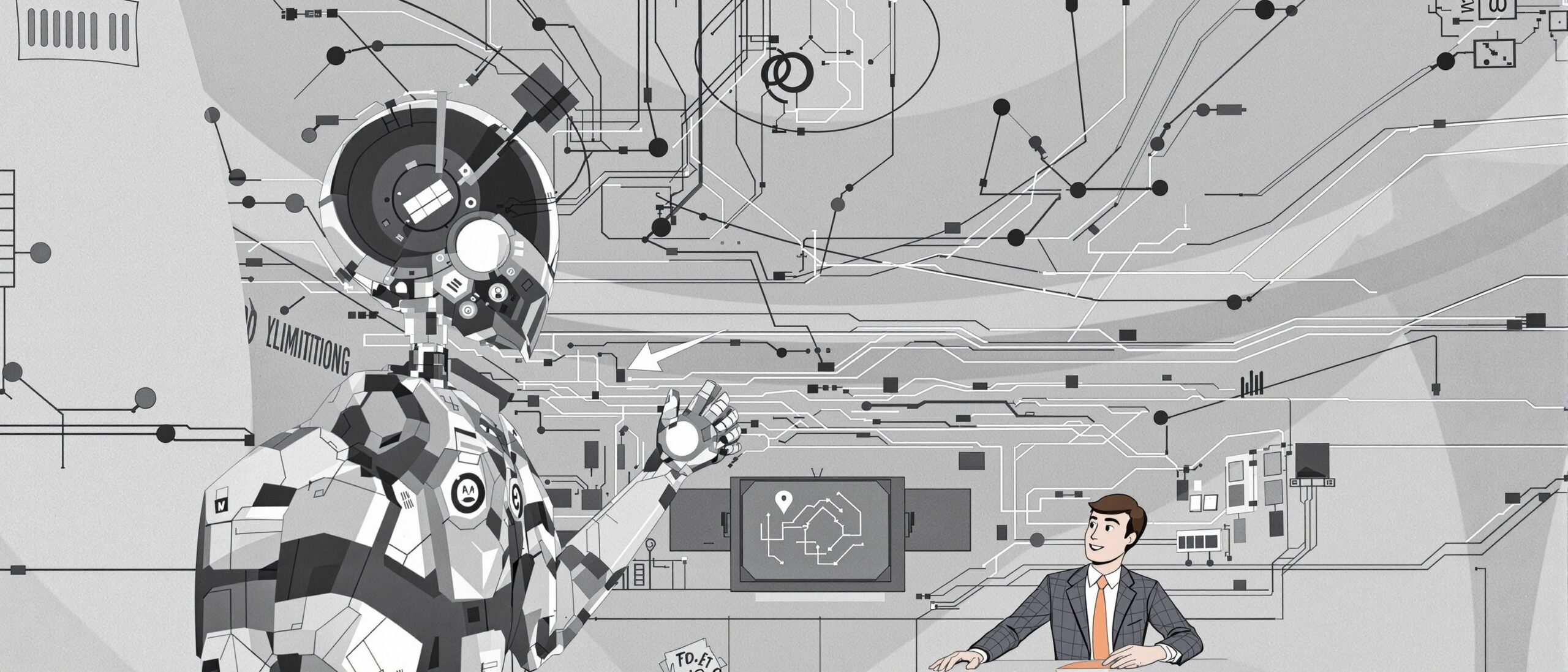 Illustration of a humanoid robot interacting with a student in a suit, surrounded by abstract circuitry and digital elements, symbolizing the challenges of AI in dissertation writing and proposal defenses.