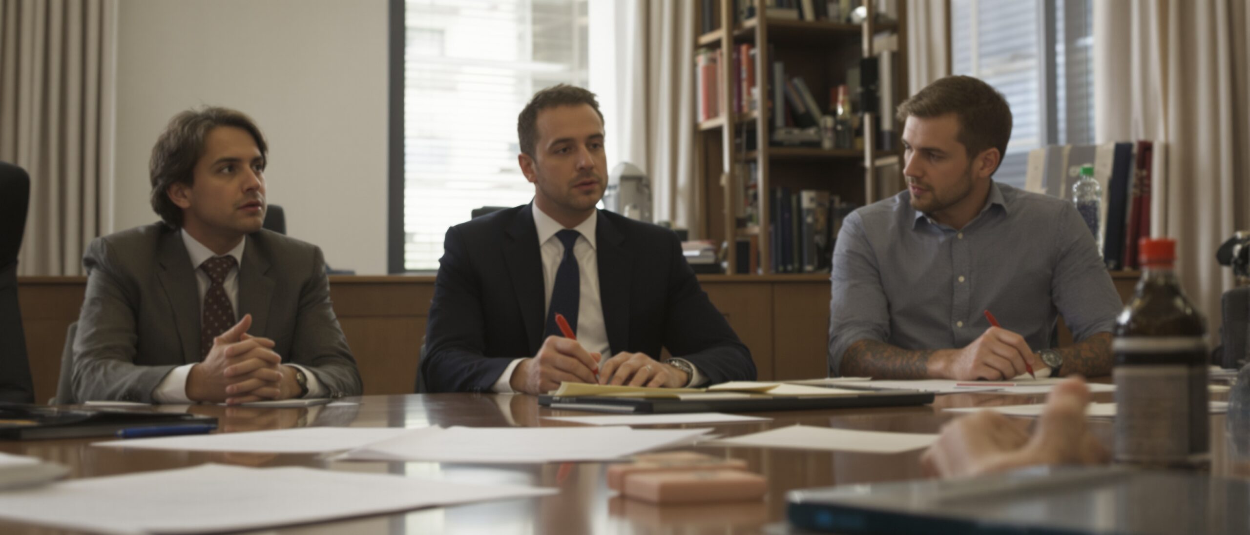 Three professionals in business attire engaged in a discussion at a conference table, surrounded by papers, notebooks, and books, illustrating the collaborative effort in dissertation writing and academic mentorship.