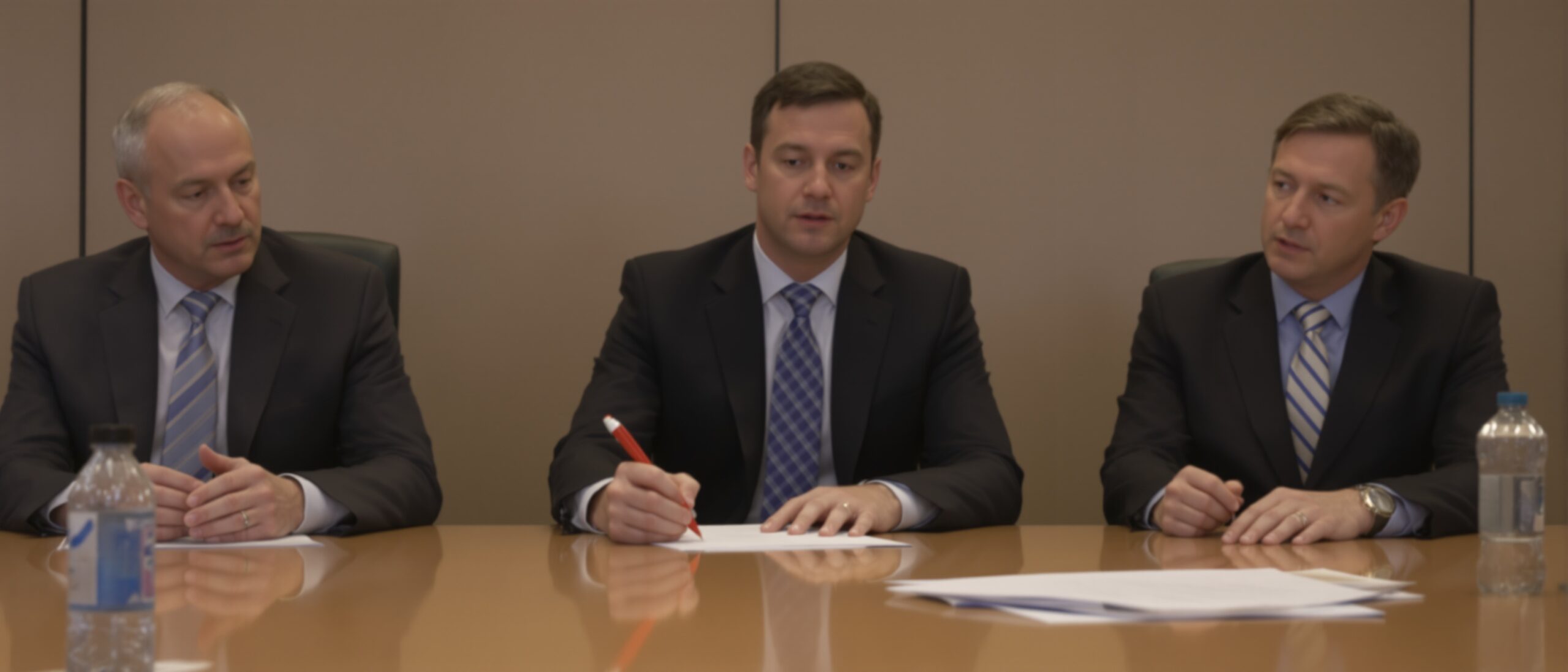 Three professionals in business attire engaged in a discussion at a conference table, with one taking notes, reflecting academic collaboration and support in dissertation writing.